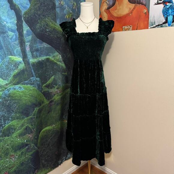 hill house home velvet nap dress green tiered smocked cottagecore midi - Picture 7 of 8